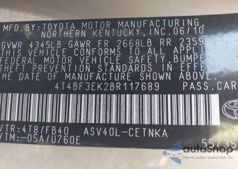 2011 Toyota Camry Le z USA, uszkodzony, nr VIN 4T4BF3EK2BR117689